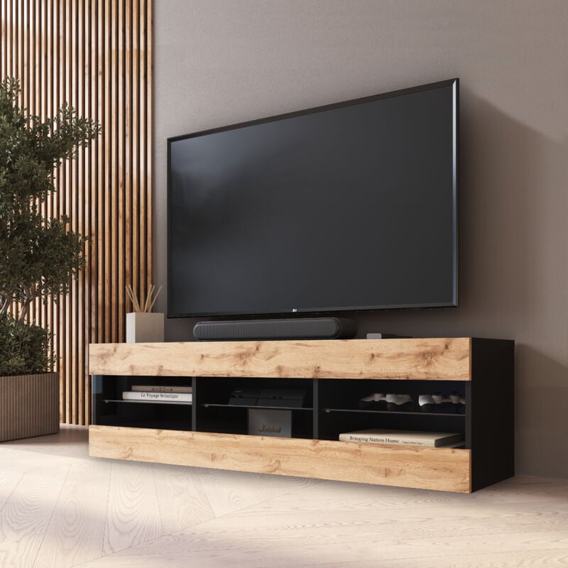 Komodee, Meuble Banc TV Tivoli 140, Noir/Wotan, Largeur 140cm x Hauteur 40,5cm x Profondeur 35cm, sans LED, pour Salon, Chambre