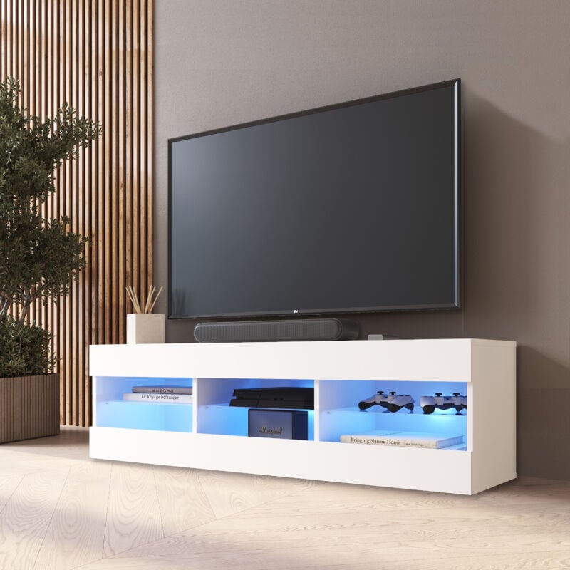Meuble Banc tv Tivoli 140, Blanc/Blanc, Largeur 140cm x Hauteur 40,5cm x Profondeur 35cm, led Bleues, pour Salon, Chambre - Komodee