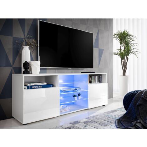 Komodee, Meuble Banc TV Urbino, Blanc/Blanc, Largeur 140cm x Hauteur 53cm x Profondeur 35cm, sans LED, pour Salon, Chambre