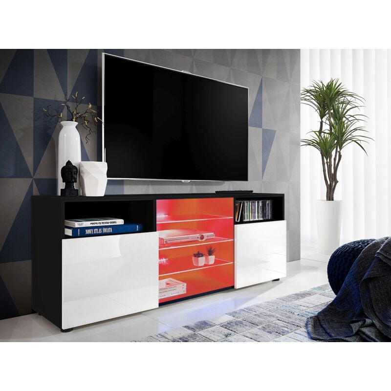 Meuble Banc tv Urbino, Noir/Blanc, Largeur 140cm x Hauteur 53cm x Profondeur 35cm, led rgb, pour Salon, Chambre - Komodee