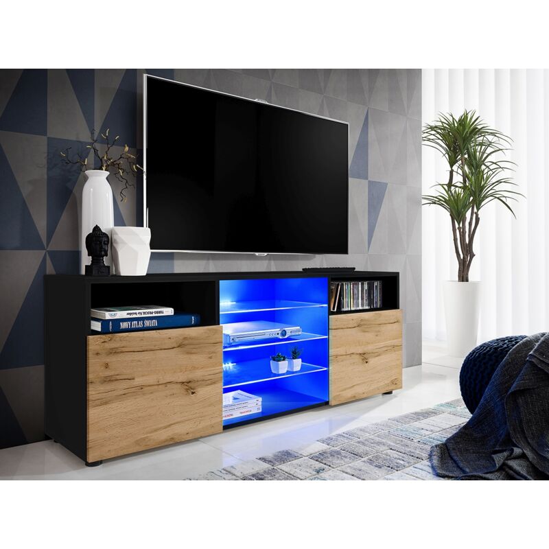 Komodee - Meuble Banc tv Urbino, Noir/Wotan, Largeur 140cm x Hauteur 53cm x Profondeur 35cm, sans led, pour Salon, Chambre