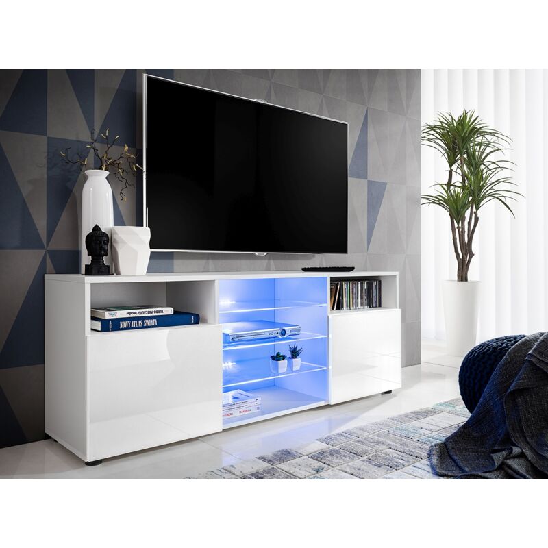 Meuble Banc tv Urbino, Blanc/Blanc, Largeur 140cm x Hauteur 53cm x Profondeur 35cm, led Bleues, pour Salon, Chambre - Komodee