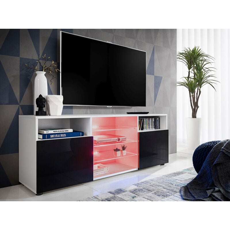 Meuble Banc tv Urbino, Blanc/Noir, Largeur 140cm x Hauteur 53cm x Profondeur 35cm, led rgb, pour Salon, Chambre - Komodee