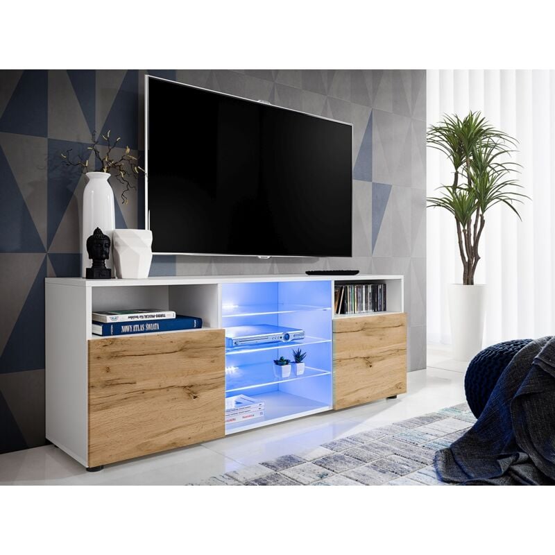 Meuble Banc tv Urbino, Blanc/Wotan, Largeur 140cm x Hauteur 53cm x Profondeur 35cm, led Bleues, pour Salon, Chambre - Komodee