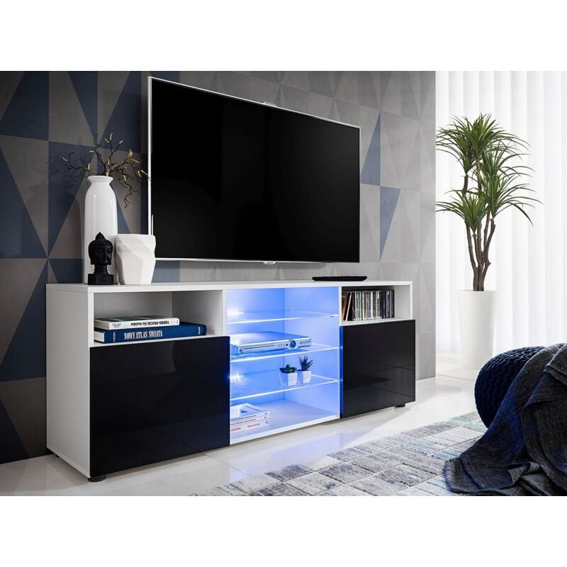 Komodee - Meuble Banc tv Urbino, Blanc/Noir, Largeur 140cm x Hauteur 53cm x Profondeur 35cm, led Bleues, pour Salon, Chambre