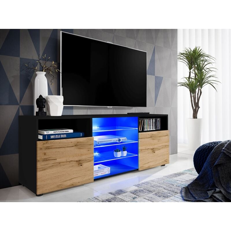 Komodee - Meuble Banc tv Urbino, Noir/Wotan, Largeur 140cm x Hauteur 53cm x Profondeur 35cm, led Bleues, pour Salon, Chambre