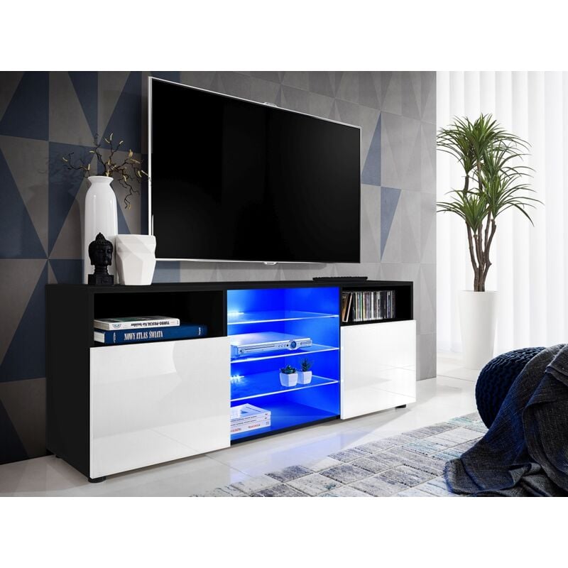 Komodee - Meuble Banc tv Urbino, Noir/Blanc, Largeur 140cm x Hauteur 53cm x Profondeur 35cm, led Bleues, pour Salon, Chambre