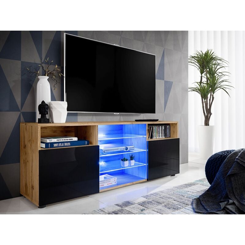 Komodee - Meuble Banc tv Urbino, Wotan/Noir, Largeur 140cm x Hauteur 53cm x Profondeur 35cm, led Bleues, pour Salon, Chambre