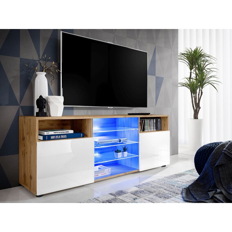Komodee - Meuble Banc tv Urbino, Wotan/Blanc, Largeur 140cm x Hauteur 53cm x Profondeur 35cm, sans led, pour Salon, Chambre