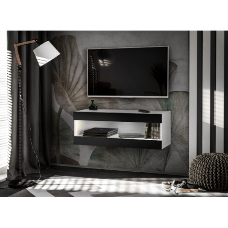 Komodee, Meuble TV - Armoire Suspendue Tivoli RTV2, Blanc/Noir, Largeur 100cm x Hauteur 36cm x Profondeur 35cm, sans LED, pour Salon, Chambre à coucher