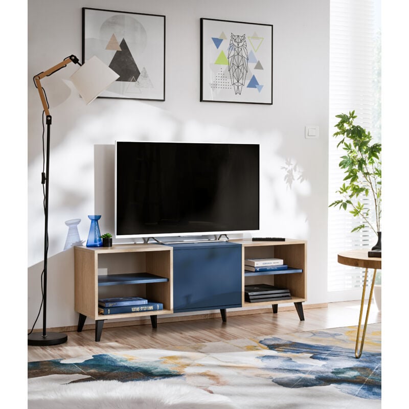 komodee Meuble TV Lowboard Fondi, Bleu, Bois Clair, Avec Porte et 2 étagères, 136x35x49 cm, Pour Salon, Salle à Manger, Chambre…