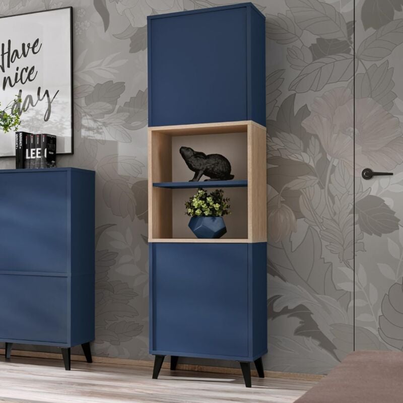 Komodee - Vitrine Armoire Fondi, 2 Portes, Style Scandinave, Pour Salon, Cuisine, Salle à Manger, Bureau, Bleu, Bois Clair, 173x35x46 cm