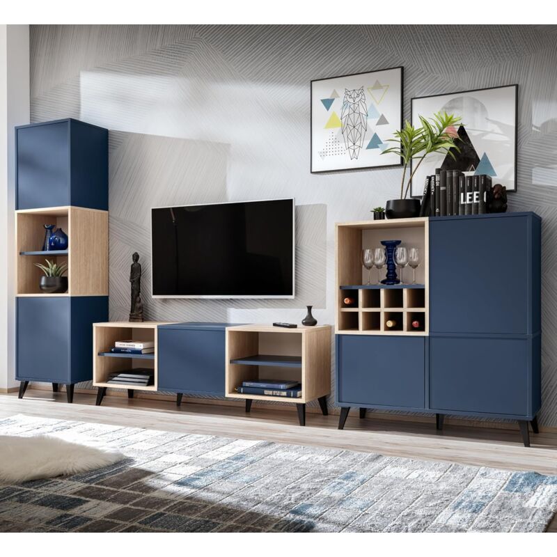 Komodee - Ensembles de Meubles Fondi, 3 Armoires Avec Casier à Vin, Style Scandinave, Pour Salon, Cuisine, Salle à Manger, Bureau, Bleu, Bois Clair,