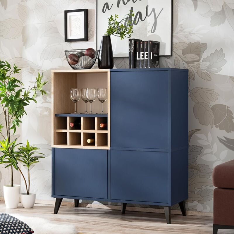 Komodee - Buffet de Cuisine Fondi, Armoire de Rangement, 3 Portes, pour Salon Cuisine Salle à Manger, Style scandinave, Bleu, Bois Clair, 173x35x46 cm