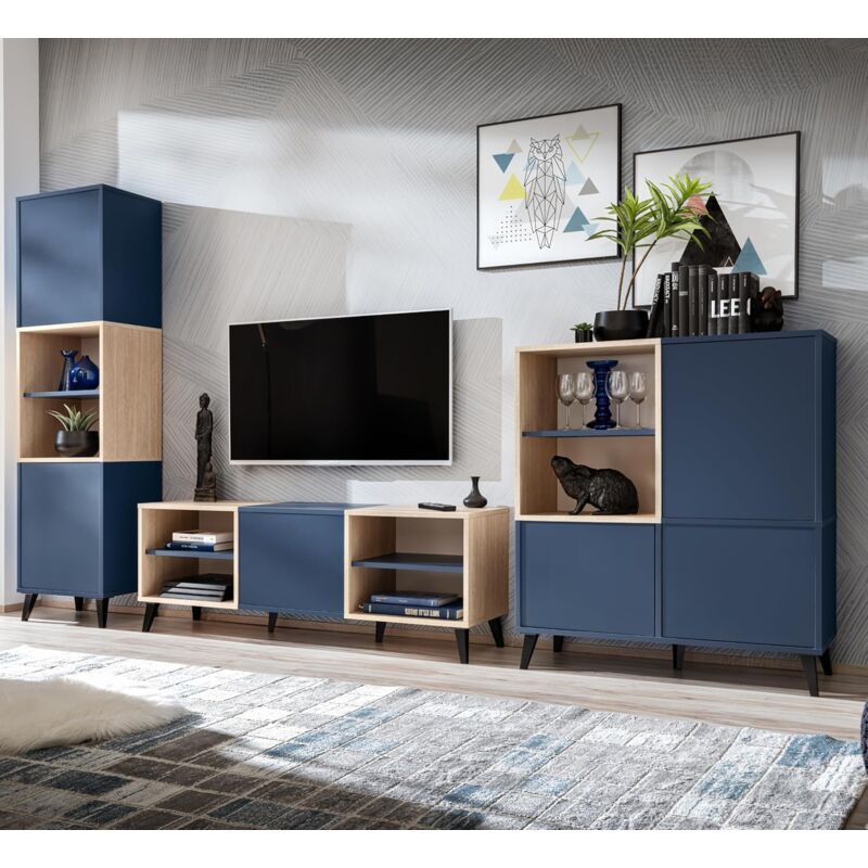 Komodee - Ensembles de Meubles Fondi, 3 armoires, Style Scandinave, Pour Salon, Cuisine, Salle à Manger, Bureau, Bleu, Bois Clair, 173x35x271,4 cm