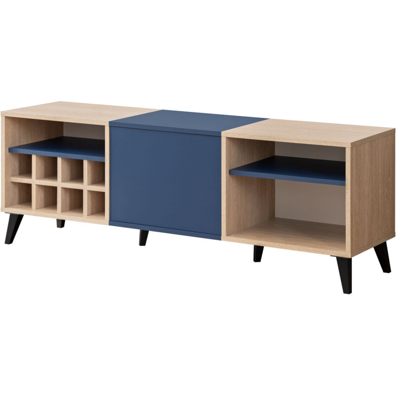 Meuble tv Lowboard Fondi Avec Casier à Vin, Bleu, Bois Clair, Avec Porte et 2 étagères, 136x35x49 cm, Pour Salon, Salle à Manger, Chambre… - Komodee