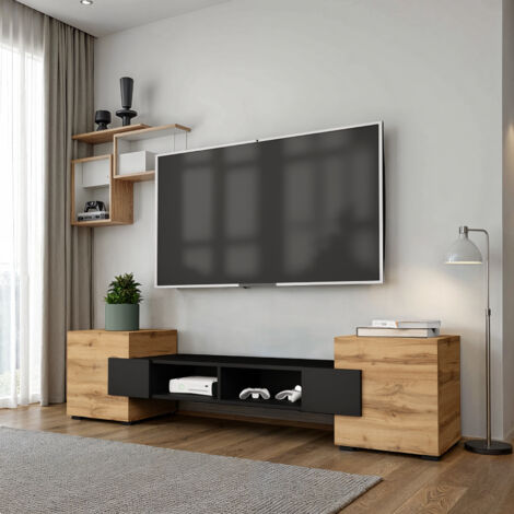 Komodee, Meuble TV Torino, Noir, Chêne Wotan, Largeur 181 cm x Hauteur 40 cm x Profondeur 35 cm, pour Salon, Chambre à coucher