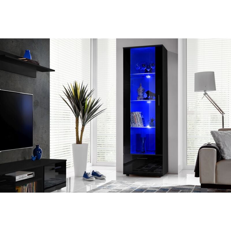 Komodee - Vitrine Armoire Alessandria, Noir/Noir, Largeur 60 cm x Hauteur 192 cm x Profondeur 42 cm, led Bleues, 2 étagères, pour Salon, Chambre,