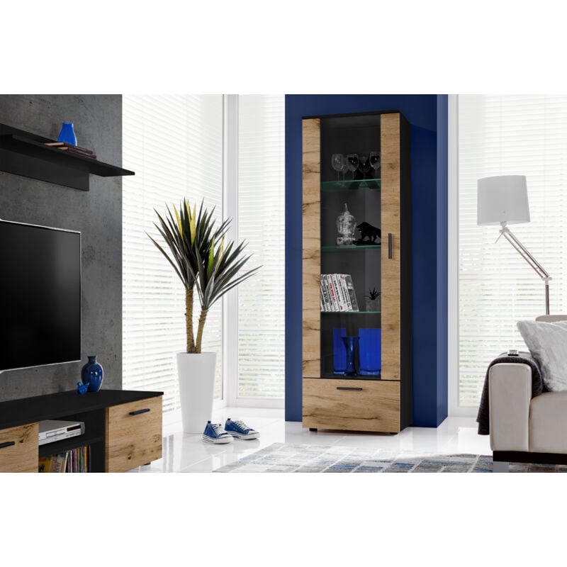 Komodee - Vitrine Armoire Alessandria, Noir/Wotan, Largeur 60 cm x Hauteur 192 cm x Profondeur 42 cm, sans led, 2 étagères, pour Salon, Chambre,