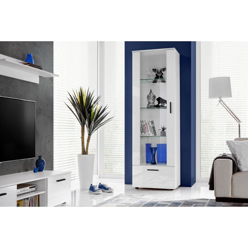 Komodee, Vitrine Armoire Alessandria, Blanc/Blanc, Largeur 60 cm x Hauteur 192 cm x Profondeur 42 cm, sans LED, 2 étagères, pour Salon, Chambre,