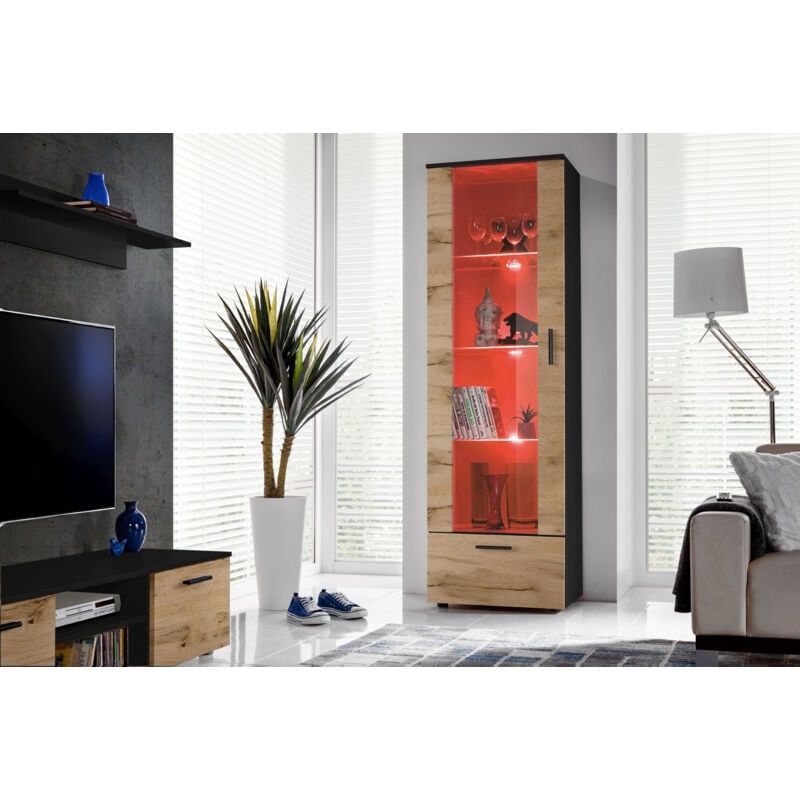 Komodee - Vitrine Armoire Alessandria, Noir/Wotan, Largeur 60 cm x Hauteur 192 cm x Profondeur 42 cm, led rgb, 2 étagères, pour Salon, Chambre, Entrée
