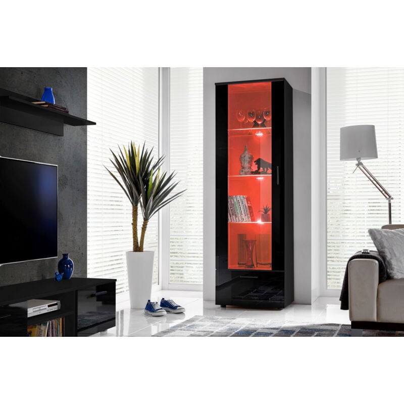 Komodee - Vitrine Armoire Alessandria, Noir/Noir, Largeur 60 cm x Hauteur 192 cm x Profondeur 42 cm, led rgb, 2 étagères, pour Salon, Chambre, Entrée