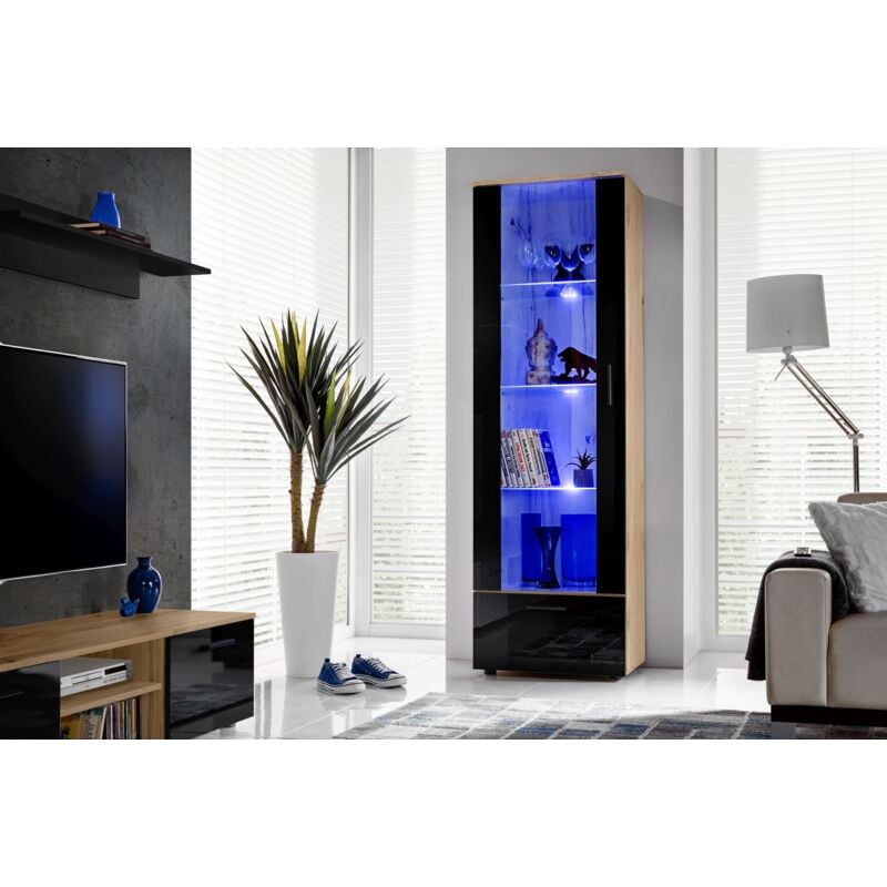Komodee - Vitrine Armoire Alessandria, Wotan/Noir, Largeur 60 cm x Hauteur 192 cm x Profondeur 42 cm, led Bleues, 2 étagères, pour Salon, Chambre,