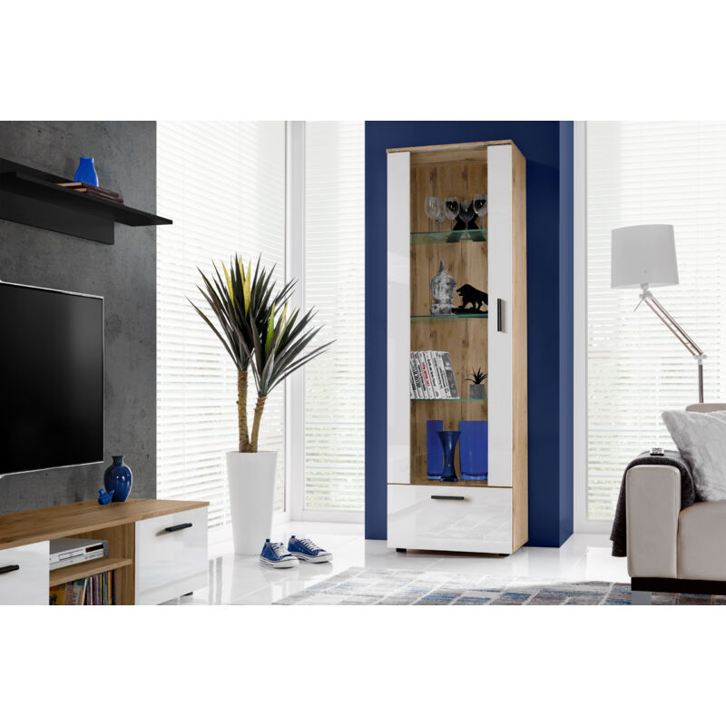 Komodee - Vitrine Armoire Alessandria, Wotan/Blanc, Largeur 60 cm x Hauteur 192 cm x Profondeur 42 cm, sans led, 2 étagères, pour Salon, Chambre,