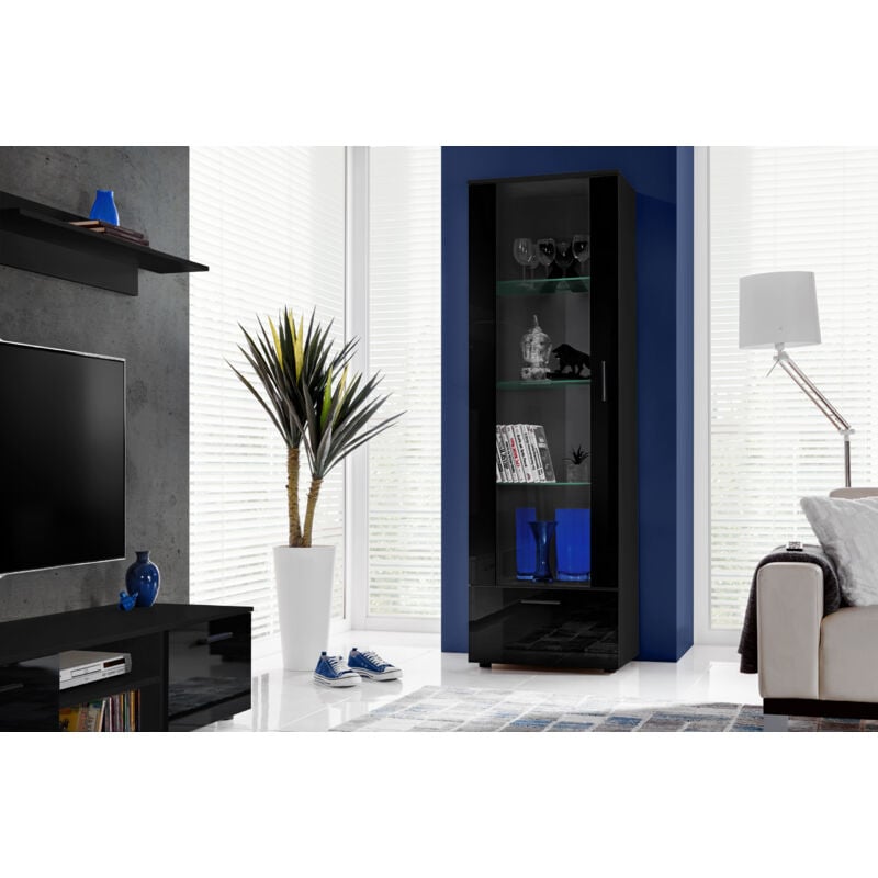 Komodee - Vitrine Armoire Alessandria, Noir/Noir, Largeur 60 cm x Hauteur 192 cm x Profondeur 42 cm, sans led, 2 étagères, pour Salon, Chambre, Entrée