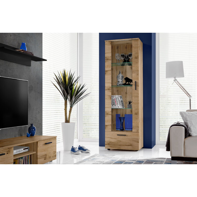 Komodee - Vitrine Armoire Alessandria, Wotan/Wotan, Largeur 60 cm x Hauteur 192 cm x Profondeur 42 cm, sans led, 2 étagères, pour Salon, Chambre,