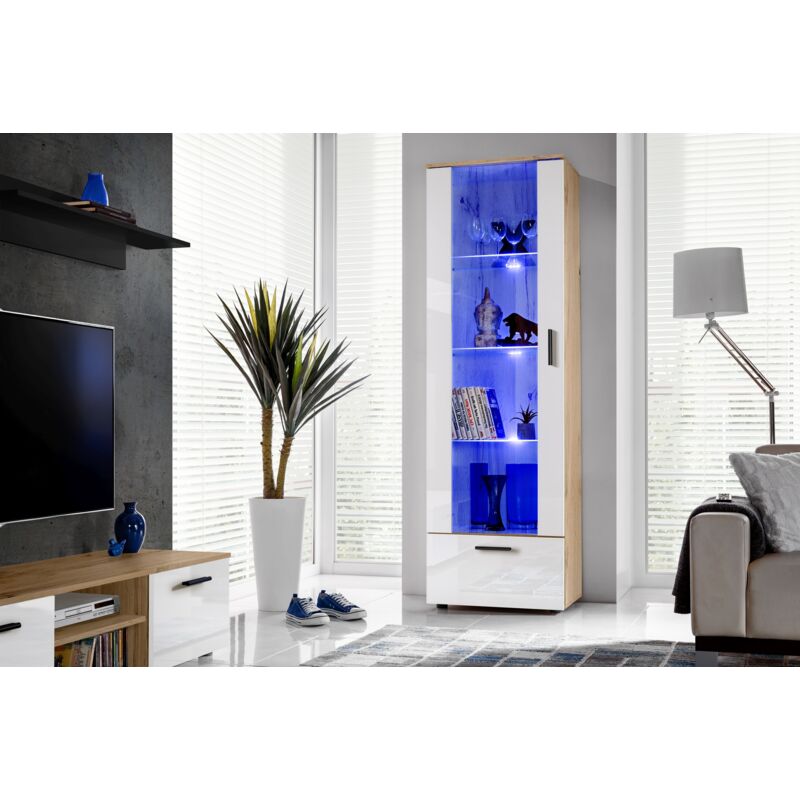 Komodee, Vitrine Armoire Alessandria, Wotan/Blanc, Largeur 60 cm x Hauteur 192 cm x Profondeur 42 cm, LED Bleues, 2 étagères, pour Salon, Chambre,