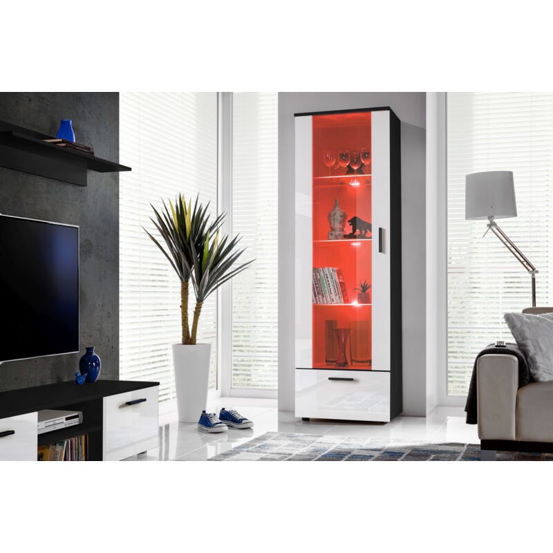 Komodee - Vitrine Armoire Alessandria, Noir/Blanc, Largeur 60 cm x Hauteur 192 cm x Profondeur 42 cm, led rgb, 2 étagères, pour Salon, Chambre, Entrée