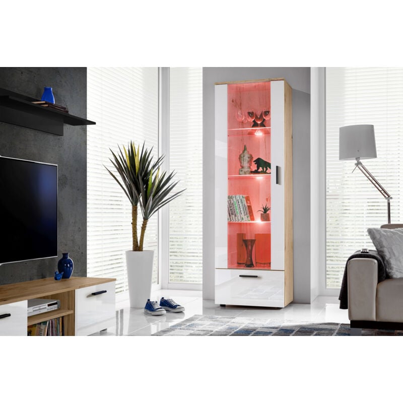 Komodee - Vitrine Armoire Alessandria, Wotan/Blanc, Largeur 60 cm x Hauteur 192 cm x Profondeur 42 cm, led rgb, 2 étagères, pour Salon, Chambre,
