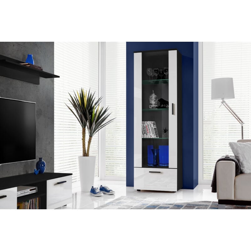 Komodee - Vitrine Armoire Alessandria, Noir/Blanc, Largeur 60 cm x Hauteur 192 cm x Profondeur 42 cm, sans led, 2 étagères, pour Salon, Chambre,
