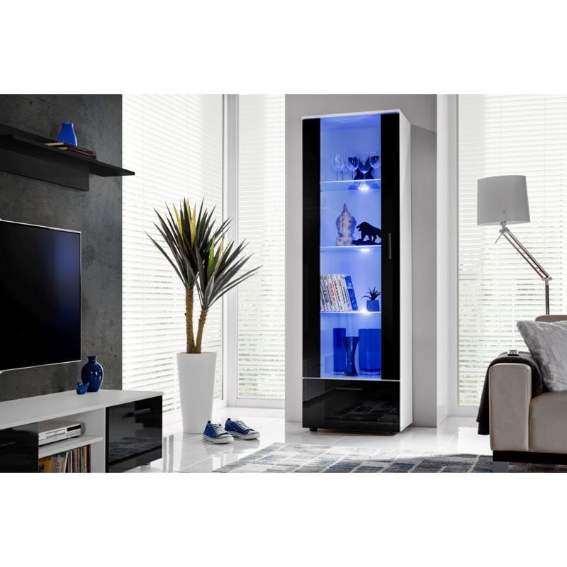 Komodee - Vitrine Armoire Alessandria, Blanc/Noir, Largeur 60 cm x Hauteur 192 cm x Profondeur 42 cm, led Bleues, 2 étagères, pour Salon, Chambre,