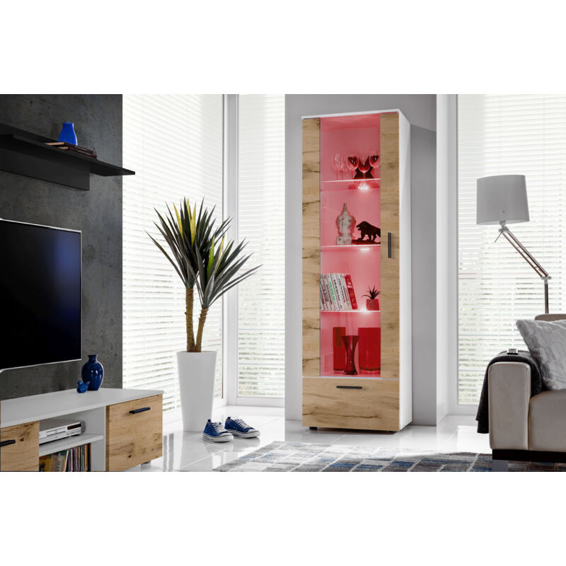 Komodee - Vitrine Armoire Alessandria, Blanc/Wotan, Largeur 60 cm x Hauteur 192 cm x Profondeur 42 cm, led rgb, 2 étagères, pour Salon, Chambre,