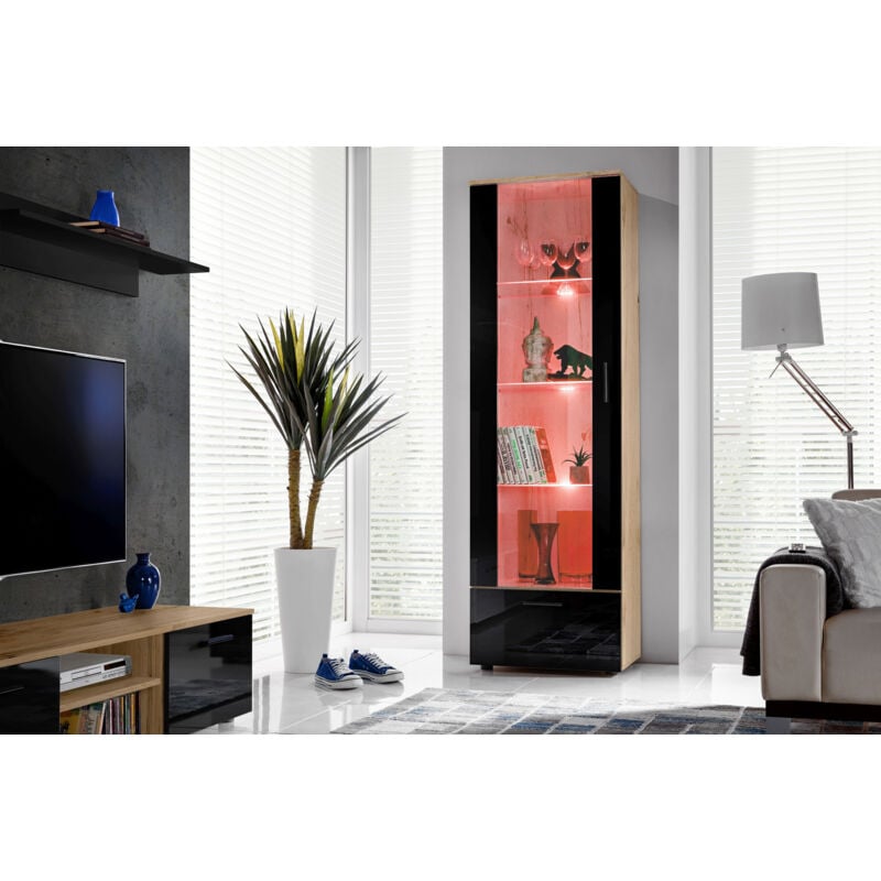 Komodee - Vitrine Armoire Alessandria, Wotan/Noir, Largeur 60 cm x Hauteur 192 cm x Profondeur 42 cm, led rgb, 2 étagères, pour Salon, Chambre, Entrée
