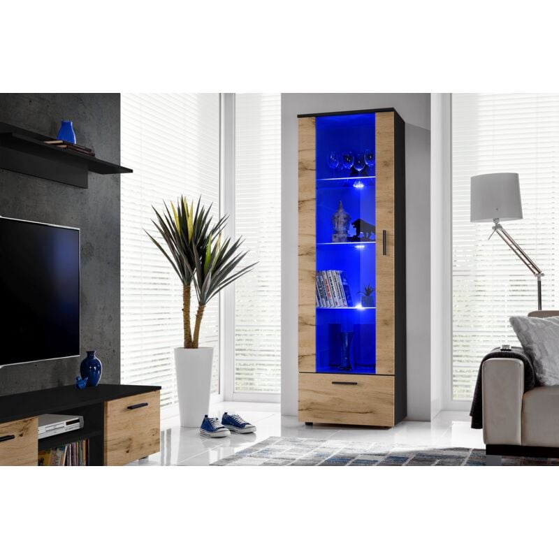 Komodee - Vitrine Armoire Alessandria, Noir/Wotan, Largeur 60 cm x Hauteur 192 cm x Profondeur 42 cm, led Bleues, 2 étagères, pour Salon, Chambre,