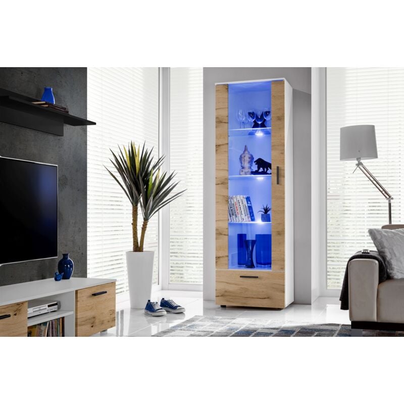 Komodee - Vitrine Armoire Alessandria, Blanc/Wotan, Largeur 60 cm x Hauteur 192 cm x Profondeur 42 cm, led Bleues, 2 étagères, pour Salon, Chambre,