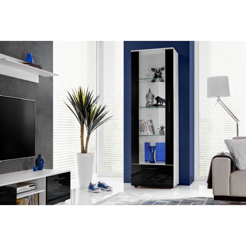 Komodee, Vitrine Armoire Alessandria, Blanc/Noir, Largeur 60 cm x Hauteur 192 cm x Profondeur 42 cm, sans LED, 2 étagères, pour Salon, Chambre, Entrée