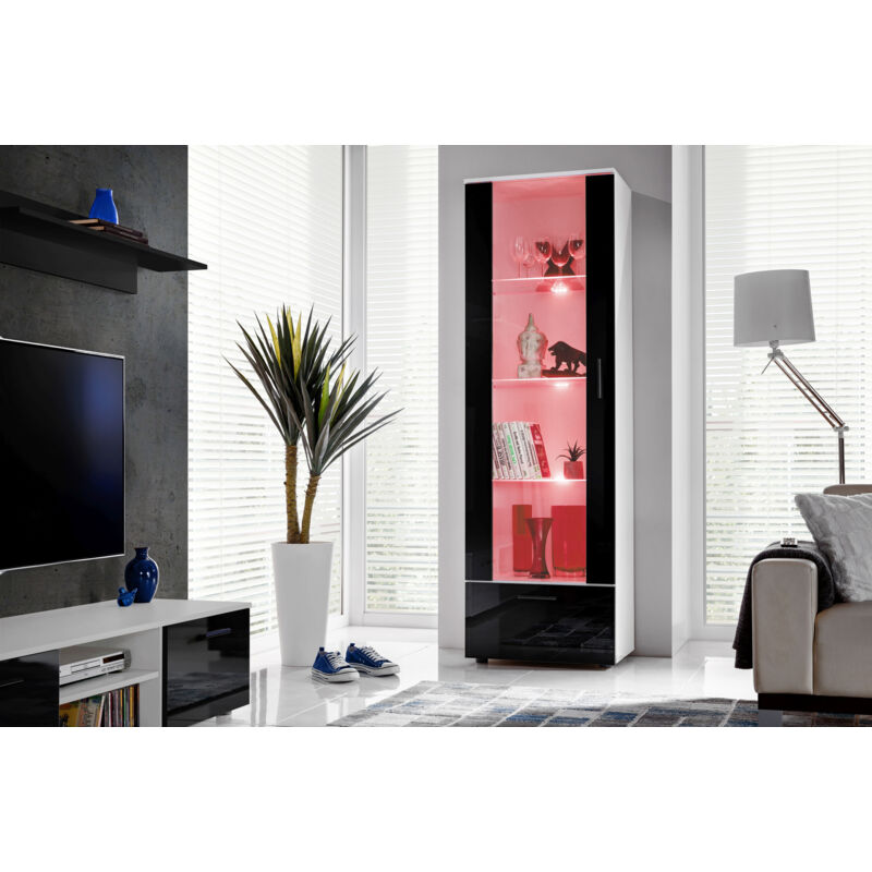 Komodee - Vitrine Armoire Alessandria, Blanc/Noir, Largeur 60 cm x Hauteur 192 cm x Profondeur 42 cm, led rgb, 2 étagères, pour Salon, Chambre, Entrée