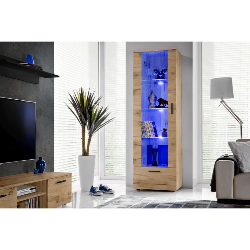 Komodee, Vitrine Armoire Alessandria, Wotan/Wotan, Largeur 60 cm x Hauteur 192 cm x Profondeur 42 cm, LED Bleues, 2 étagères, pour Salon, Chambre,
