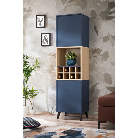 komodee Vitrine Armoire Fondi Avec Casier à Vin, 2 Portes, Style Scandinave, Pour Salon, Cuisine, Salle à Manger, Bureau, Bleu, Bois Clair, 173x35x46 cm