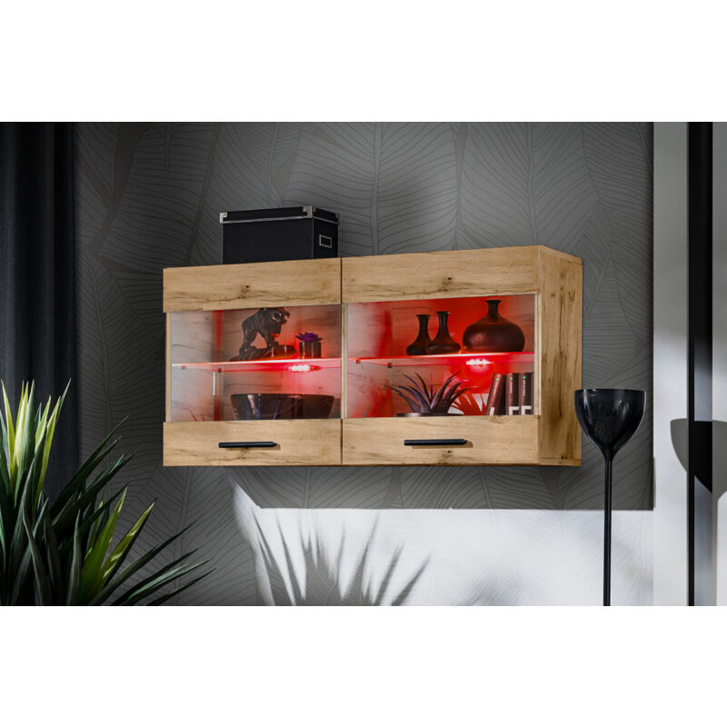 Komodee - Vitrine Armoire Savona, Wotan/Wotan, Largeur 100 cm x Hauteur 50 cm x Profondeur 30 cm, led rgb, 2 étagères, pour Salon, Chambre, Entrée,