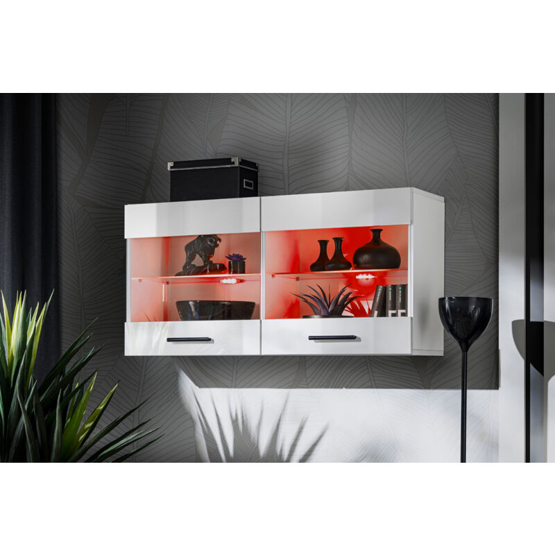 Komodee - Vitrine Armoire Savona, Blanc/Blanc, Largeur 100 cm x Hauteur 50 cm x Profondeur 30 cm, led rgb, 2 étagères, pour Salon, Chambre, Entrée,