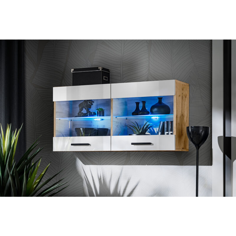 Komodee - Vitrine Armoire Savona, Wotan/Blanc, Largeur 100 cm x Hauteur 50 cm x Profondeur 30 cm, sans led, 2 étagères, pour Salon, Chambre, Entrée,