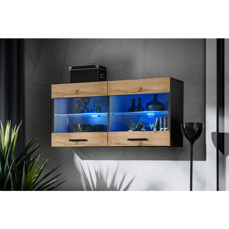 Komodee - Vitrine Armoire Savona, Noir/Wotan, Largeur 100 cm x Hauteur 50 cm x Profondeur 30 cm, sans led, 2 étagères, pour Salon, Chambre, Entrée,