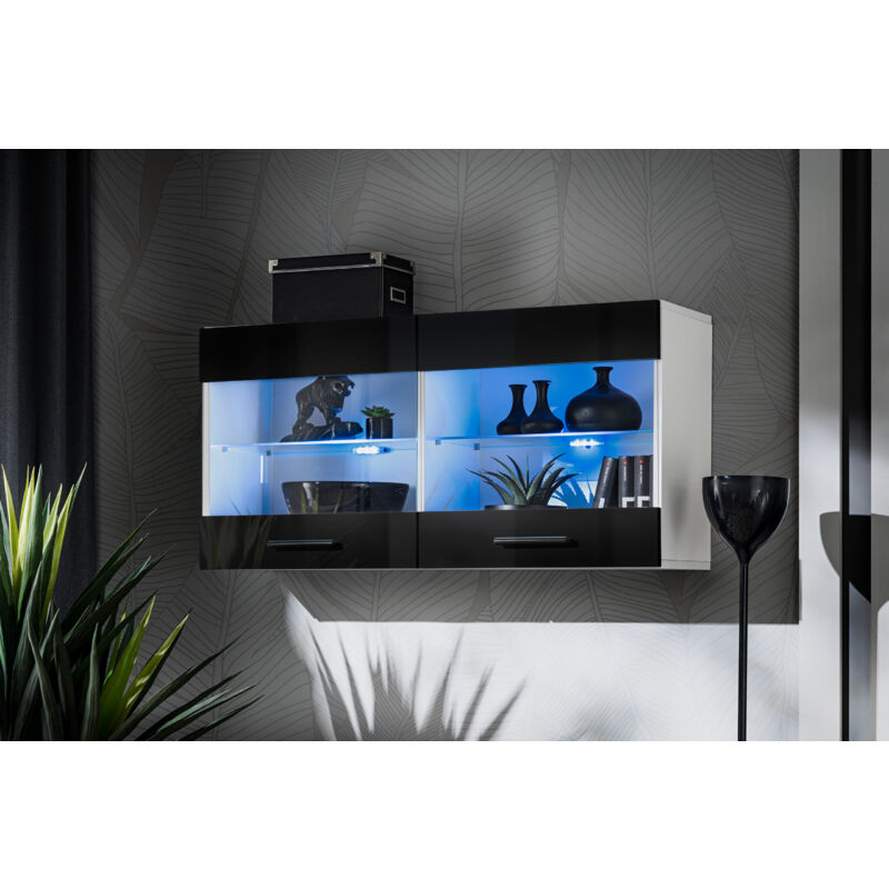 Komodee - Vitrine Armoire Savona, Blanc/Noir, Largeur 100 cm x Hauteur 50 cm x Profondeur 30 cm, sans led, 2 étagères, pour Salon, Chambre, Entrée,