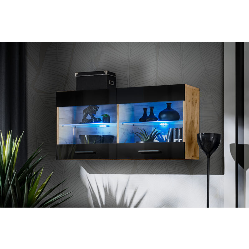 Komodee - Vitrine Armoire Savona, Wotan/Noir, Largeur 100 cm x Hauteur 50 cm x Profondeur 30 cm, led Bleues, 2 étagères, pour Salon, Chambre, Entrée,