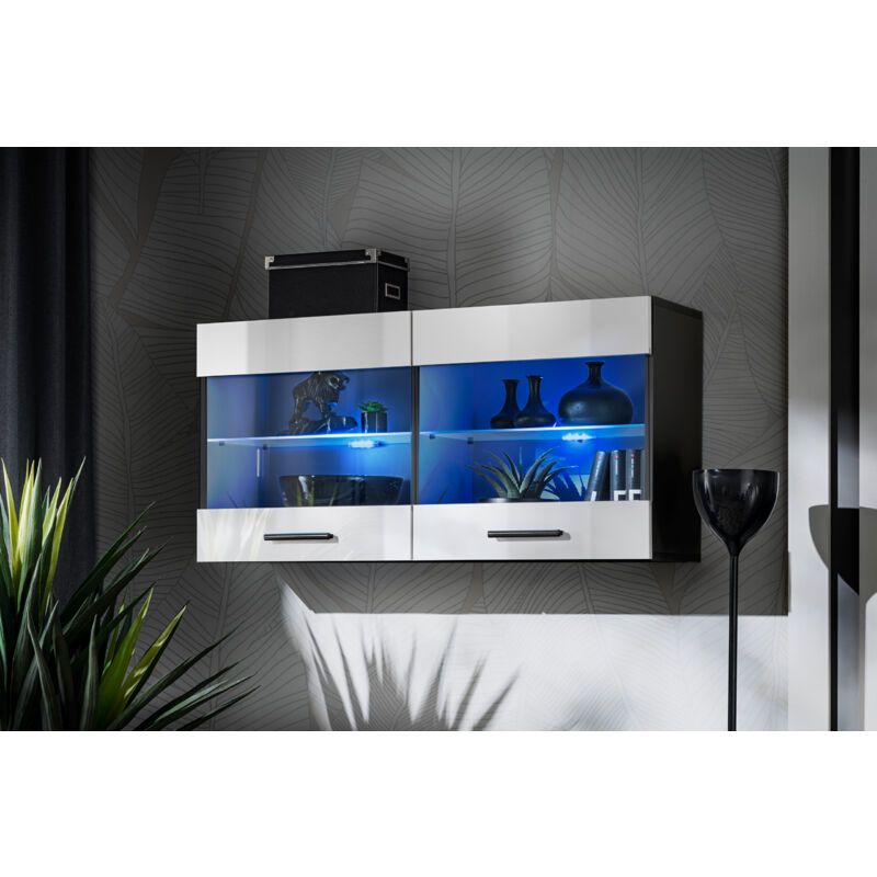 Komodee - Vitrine Armoire Savona, Noir/Blanc, Largeur 100 cm x Hauteur 50 cm x Profondeur 30 cm, sans led, 2 étagères, pour Salon, Chambre, Entrée,